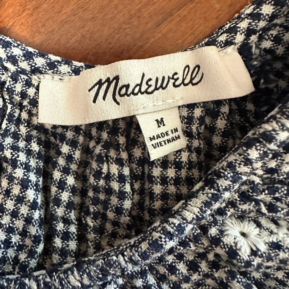 Madewell Navy Gingham Smocked Puff Sleeve Top